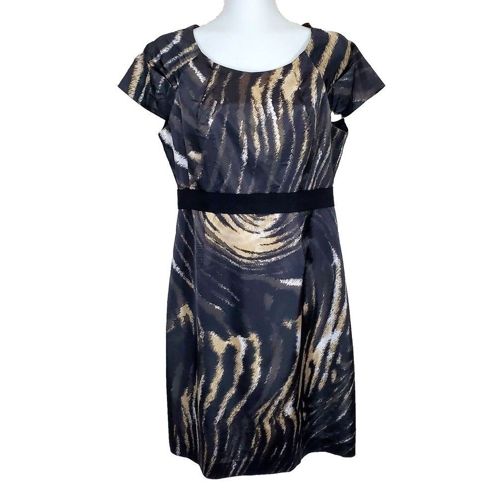 Tahari Dress 8 Black Gold Animal Print Sheath Cocktail Party Cap Sleeve Zip